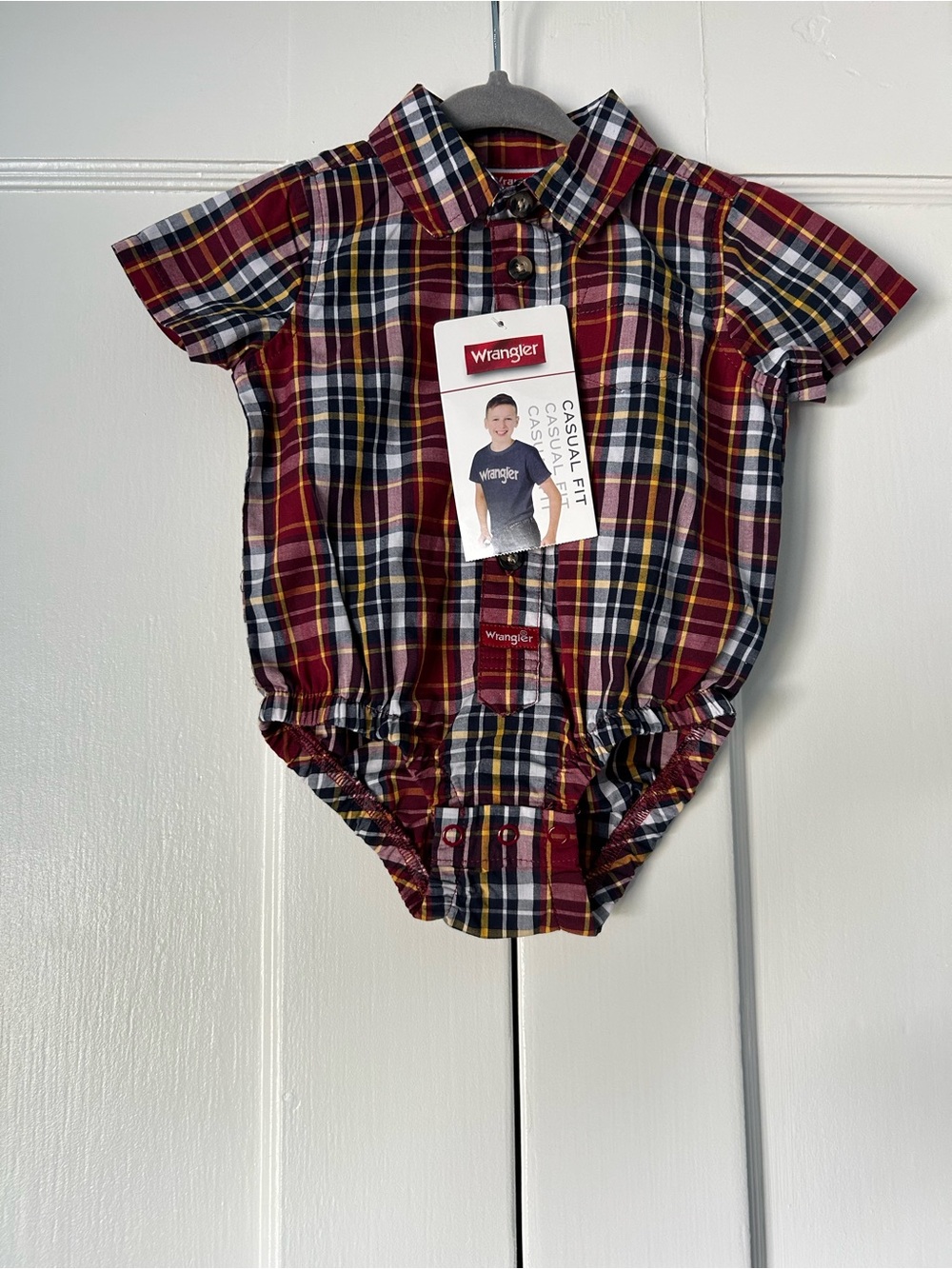 Wrangler Baby Boys Casual Fit Plaid Bodysuit Shortsleeve Collard Shirt 6M